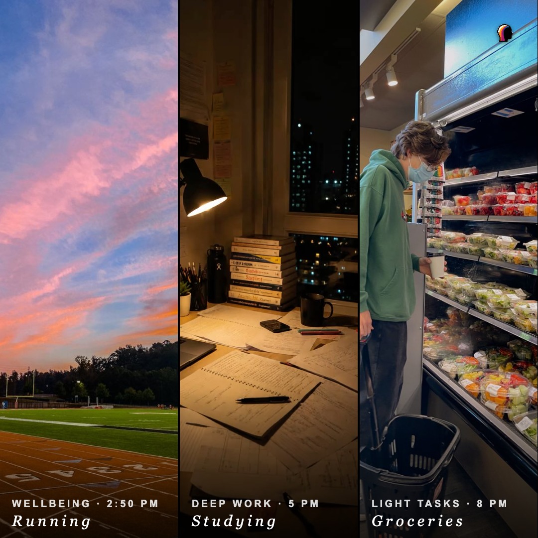 Example photo story showing running, studying and groceries with their focus-window labels